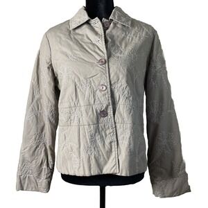 Sigrid Olsen Womens Medium Jacket Beige Floral Embroidered Button Front Cotton